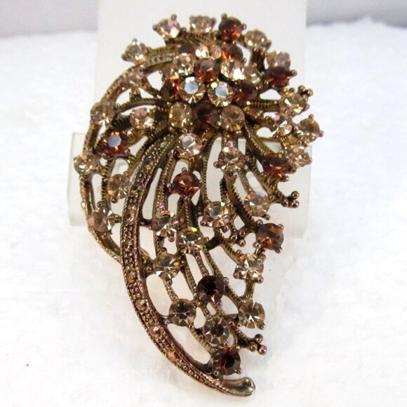 Brown Topaz Rhinestone Floral Combo Pendant Brooch - Picture 1 of 14